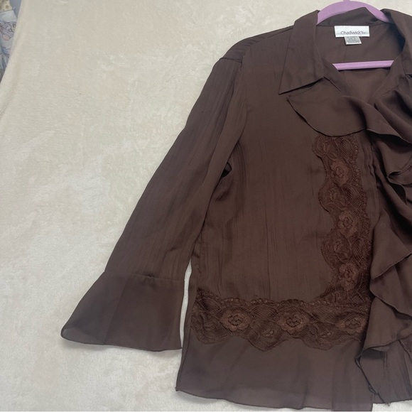Chadwick’s women’s brown chiffon ruffle lace blouse boho witchy size 12 - Picture 4 of 8
